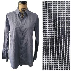 Large Theory micro plaid navy blue and white button down collared shirt